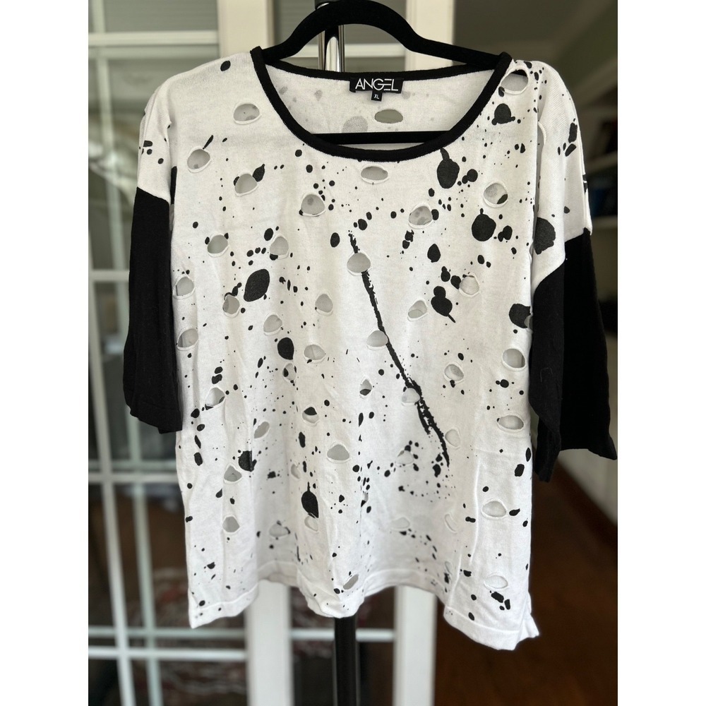 Angel Apparel Black & White Paint Splatter 3/4 sleeve holes distressed top XL